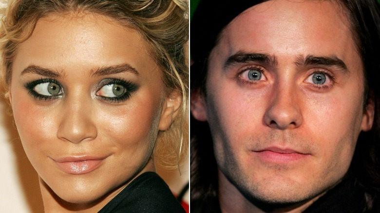 Ashley Olsen looking to left, Jared Leto looking serious