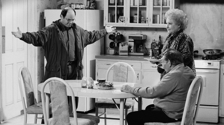  Jason Alexander filming with co-stars Estelle Harris and Jerry Stiller on the set of Seinfeld