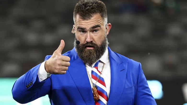 Jason Kelce gives a thumbs up before the Bills vs Jets game at MetLife Stadium (2024)