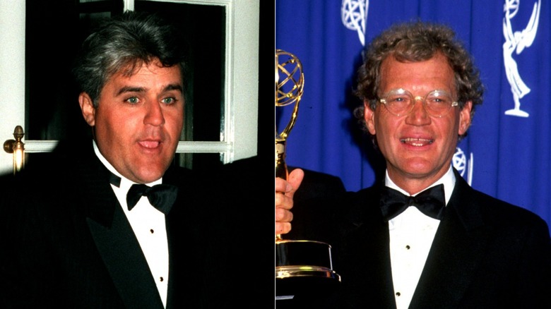 Jay Leno looking surprised, David Letterman holding Emmy Award