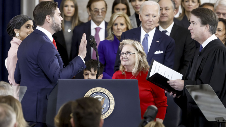 JD Vance being sworn in with mother Beverly Aikins watching