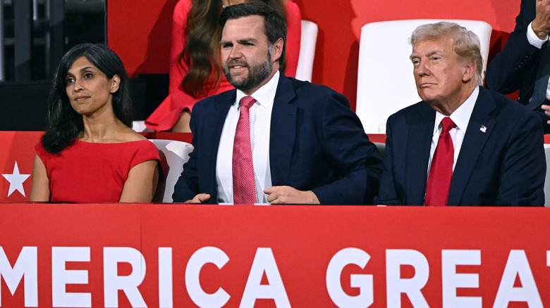 Usha Vance sitting alongside JD Vance and Donald Trump at the 2024 RNC