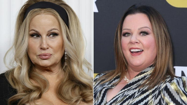 Jennifer Coolidge glancing to side, Melissa McCarthy looking surprised