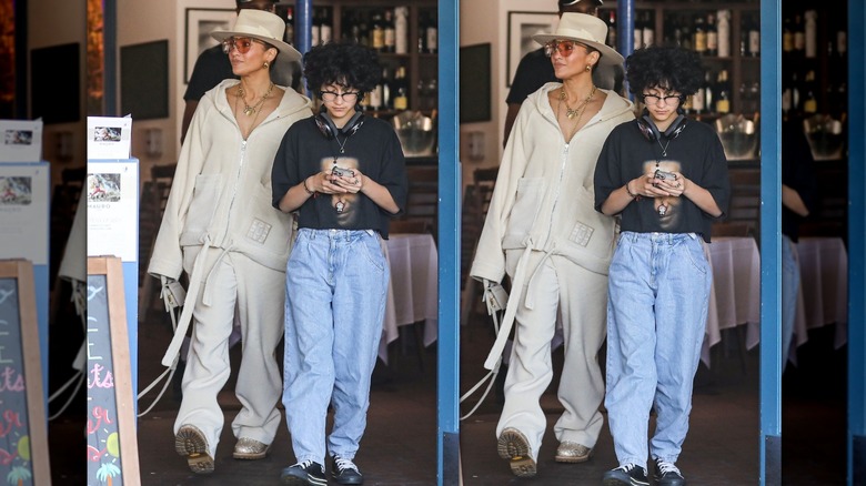 Jennifer Lopez and Emme Muniz have early lunch at Mauro's café in Los Angeles