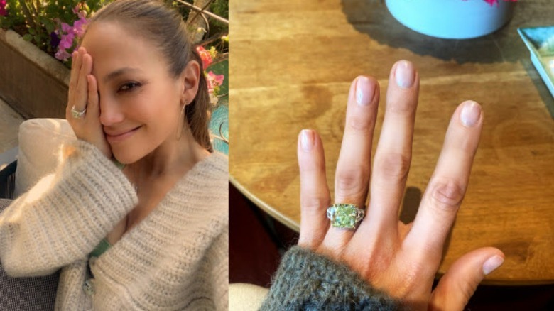 Jennifer Lopez smiling with her ring