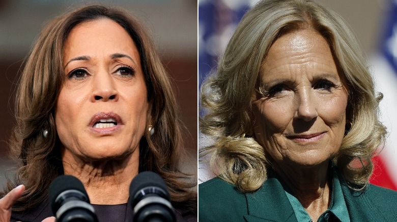 A split image of Kamala Harris and Jill Biden