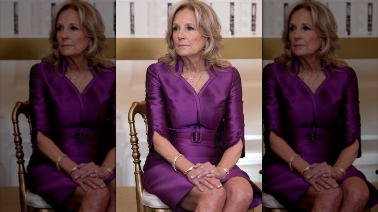 Jill Biden in a purple satin dress.