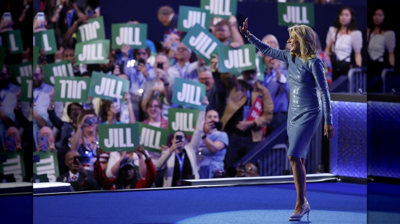 Jill Biden waving on stage at the 2024 DNC.