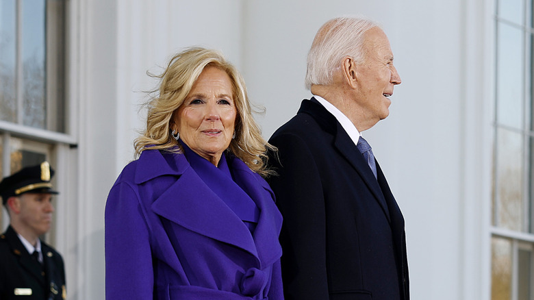 Jill and Joe Biden waiting the arrival of Donald and Melania Trump at the White House