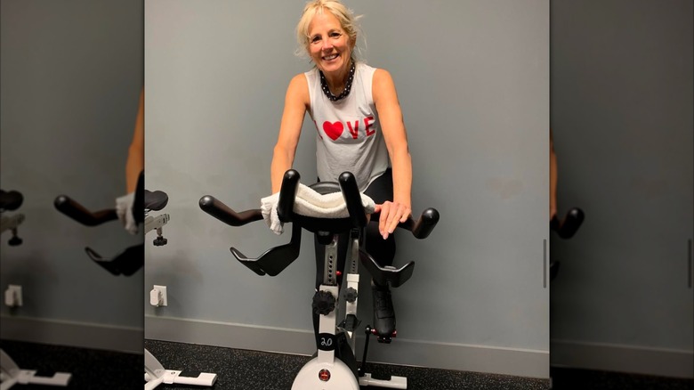 Jill Biden riding an exercise bike