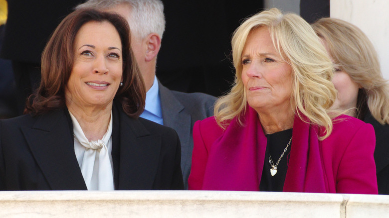 Kamala Harris sitting with Jill Biden