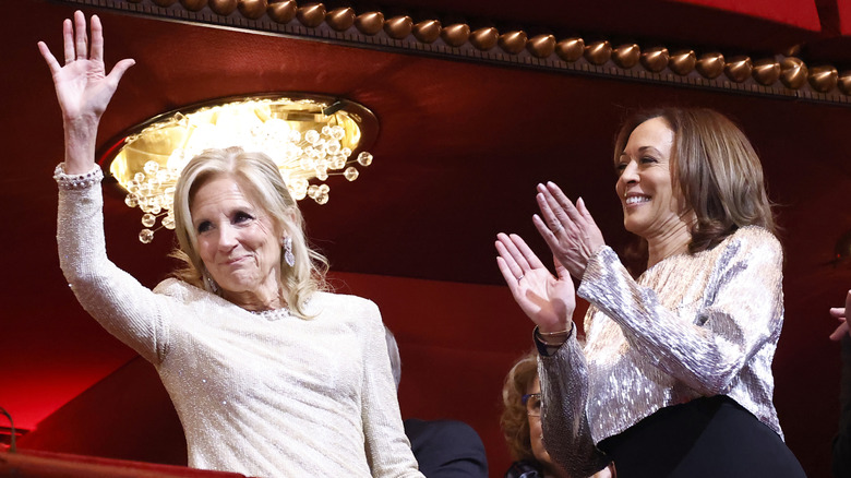 Jill Biden waves at crowd next to Kamala Harris