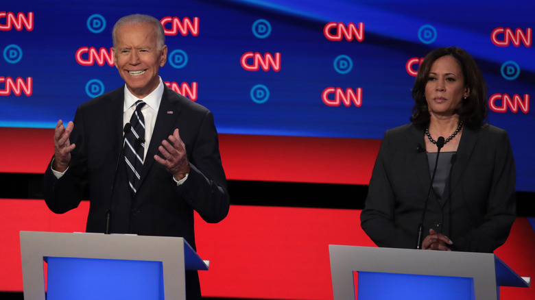 Joe Biden and Kamala Harris sharing the stage during a debate