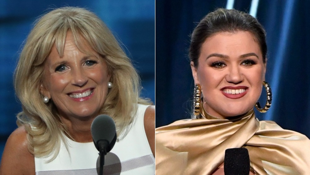 Jill Biden speaking and Kelly Clarkson speaking 