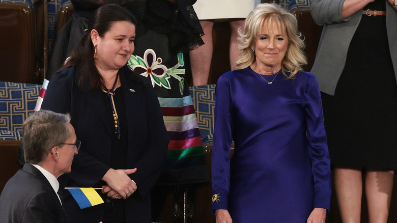 Ukrainian Ambassador to the U.S. Oksana Markarova standing with First Lady Dr. Jill Biden