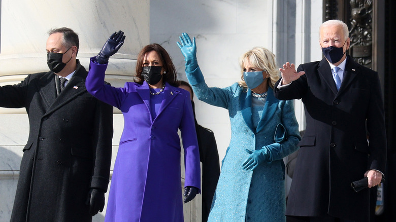 Doug Emhoff, Kamala Harris, Jill Biden, and Joe Biden waving