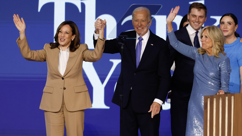 Kamala Harris, Joe Biden, and Jill Biden on stage at the 2024 DNC