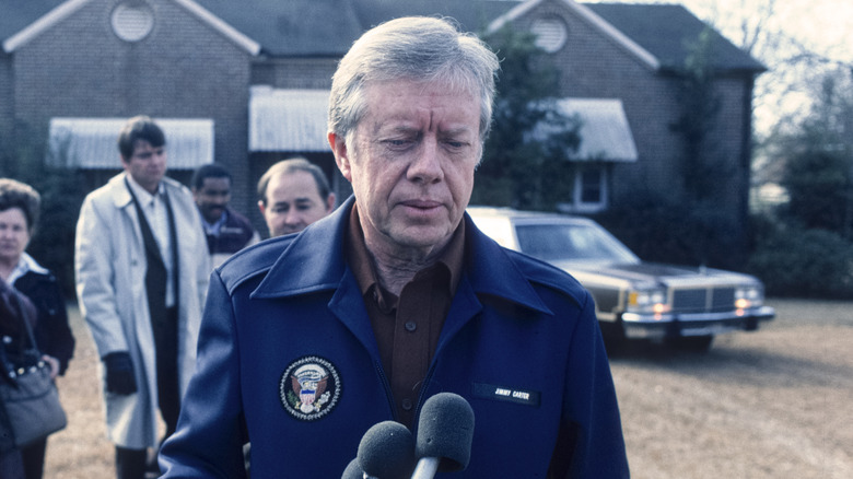 Jimmy Carter speaks to the press in Plains, Georgia