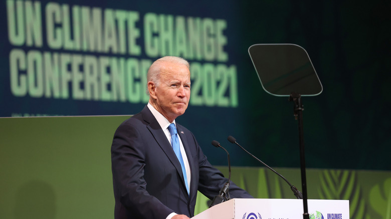 US President Joe Biden speaking during an Action on Forests and Land Use event on day three of COP26