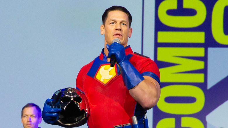 John Cena dressed as his character "Peacemaker" during 2021 Comic-Con