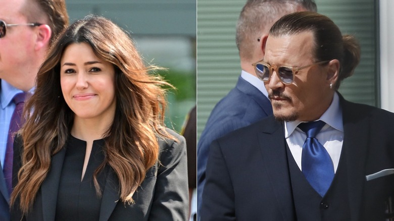 Split image of Camille Vasquez and Johnny Depp outdoors