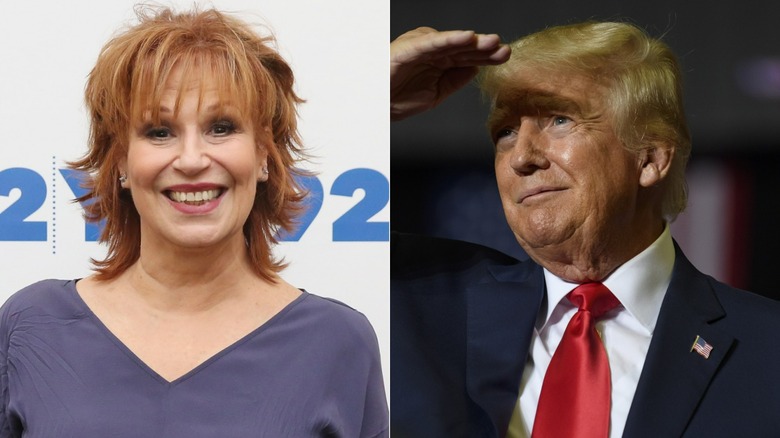 Joy Behar smiling, Donald Trump looking out