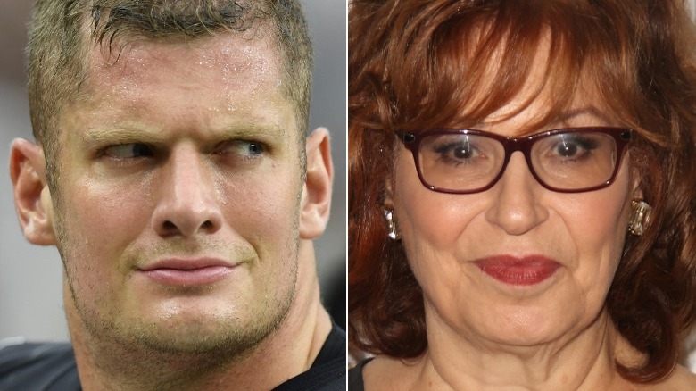 Carl Nassib looking across a split image at Joy Behar