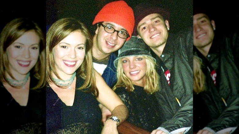 Alyssa Milano posing with Justin Timberlake, Britney Spears, and friend