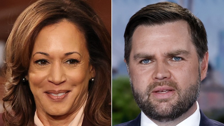 Split image of Kamala Harris and JD Vance