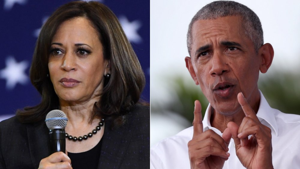 Kamala Harris at a town hall in 2019; Barack Obama at a rally in 2020