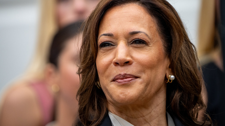 Kamala Harris smiling pearl earrings