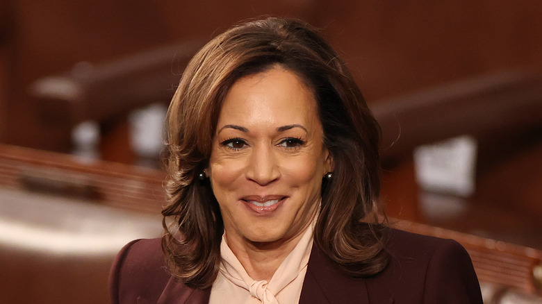 Kamala Harris smiles in a brown jacket with wavy hair.