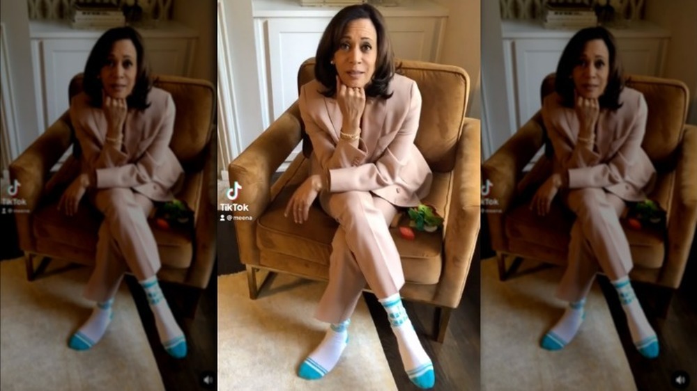 Kamala Harris sitting on a chair in her niece Meena's TikTok video