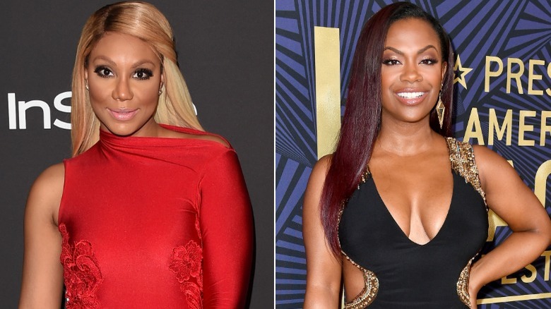 Kandi Burruss; Tamar Braxton; posing