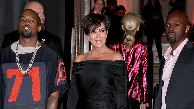 Kanye West, Kris Jenner, Corey Gamble posing