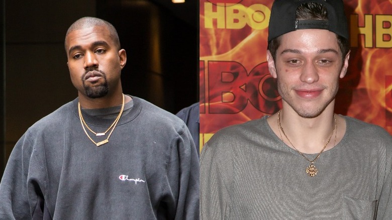 Kanye West outside hotel in 2016; Pete Davidson at 2015 Primetime Emmys