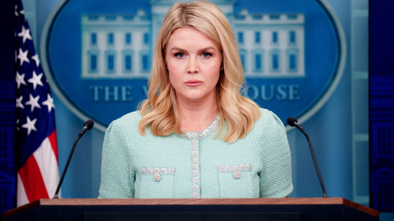 Karoline Leavitt talking to reporters at a White House briefing