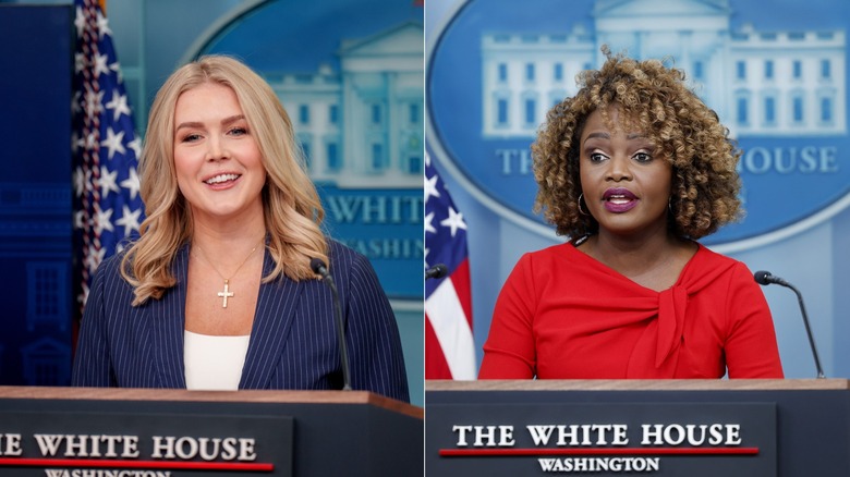 Karoline Leavitt speaking during press briefing; Karine Jean-Pierre speaking during press briefing