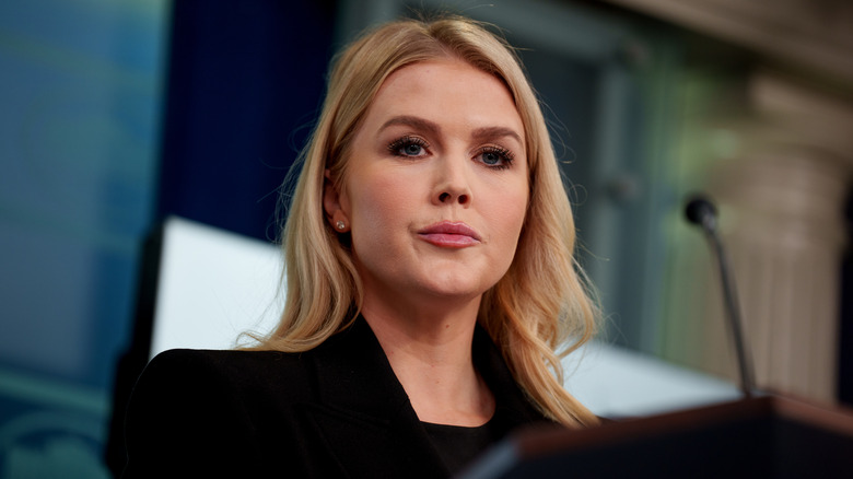 White House Press Secretary Karoline Leavitt taking a question from a reporter during a news conference in the Brady Press Briefing Room at the White House