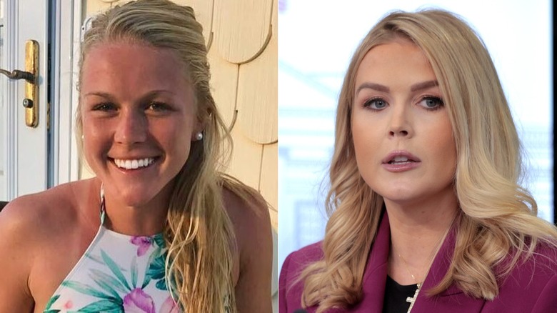 Split image of White House Press Secretary Karoline Leavitt smiling outdoors and holding her first news conference in the Brady Press Briefing Room at the White House