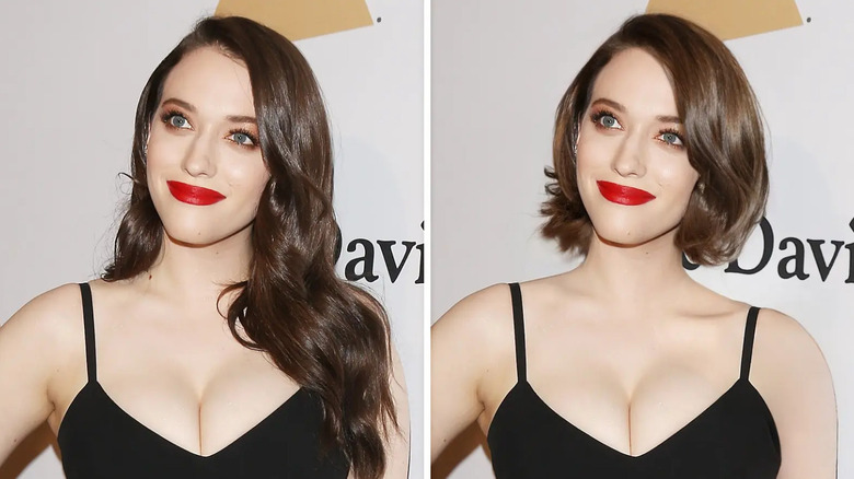 Split image of Kat Dennings with long and short hair