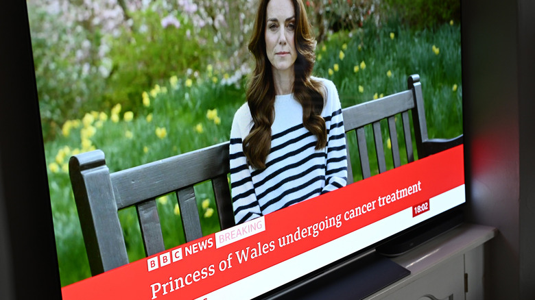 A TV showing Kate Middleton addressing the camera on a park bench