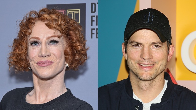 Kathy Griffin smiling and Ashton Kutcher smiling 