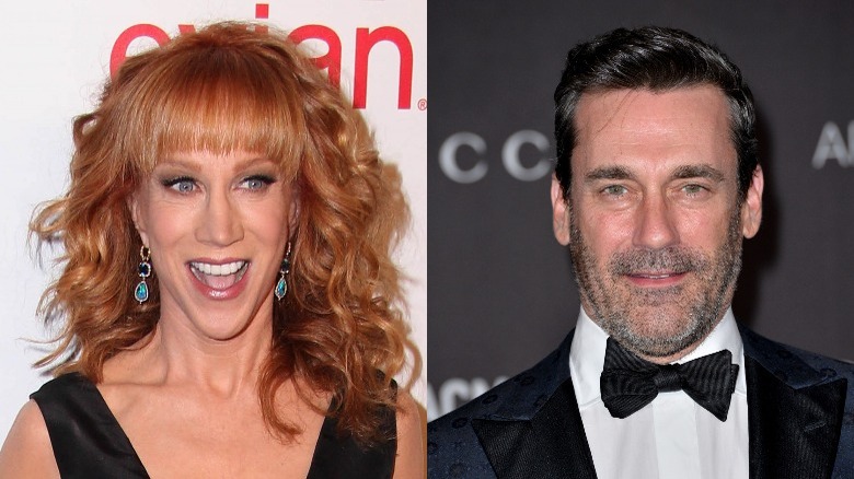 Kathy Griffin smiling and Jon Hamm posing 