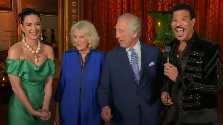 Katy Perry, Queen Camilla, King Charles III, Lionel Richie laughing