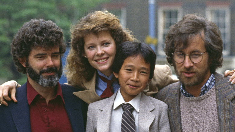 George Lucas, Kate Capshaw, Ke Huy Quan, Steven Spielberg posing