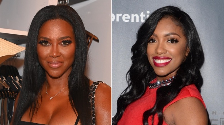 Kenya Moore looking at camera, Porsha Williams smiling