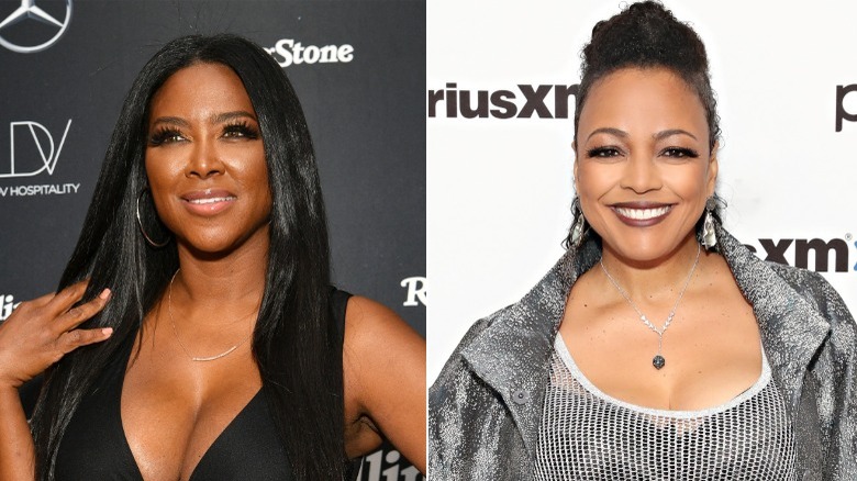 Kenya Moore fixing hair, Kim Fields smiling