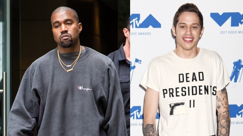 Kanye West outside hotel in 2016; Pete Davidson at 2017 MTV VMAs