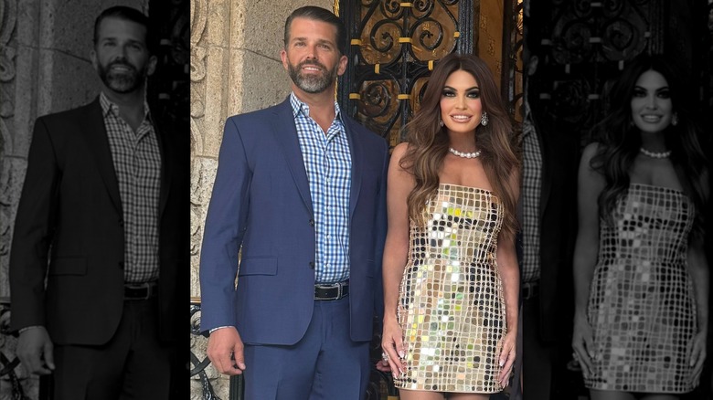 Donald Trump Jr. wearing blue blazer and Kimberly Guilfoyle wearing mirrored mini dress